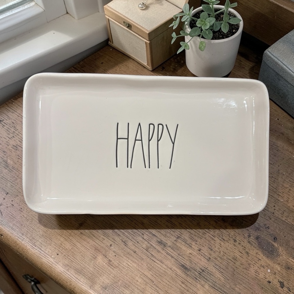 Rae Dunn HAPPY Ceramic Tray Serving Dish Medium White Decor Trinkets